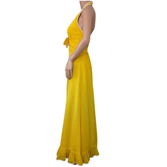 Vtg Maxi Dress Sz XS/S Hostess Halter Yellow White Polka Dot Sheer Overlay 70s - Picture 10 of 16
